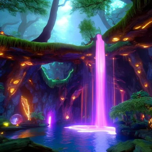 Prompt: Envision a glowing waterfall in a lush forest. Fantasy, another dimension. Hyperrealistic, UHD, HD, 8K, a portal rests besides the river