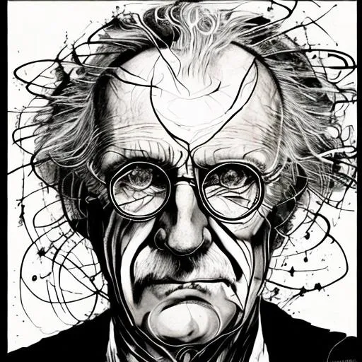 Prompt: Create a captivating portrait of Carl Jung, the renowned Swiss psychiatrist, as envisioned by the eccentric artist Ralph Steadman. Combine Steadman's signature style of distorted and frenetic lines with elements that reflect Jung's profound exploration of the human psyche. Explore the contrast between chaos and order, incorporating symbolic representations of archetypes, dreams, and the collective unconscious. Capture the essence of Jung's enigmatic personality and his groundbreaking contributions to psychology, inviting viewers to contemplate the depths of the human mind through Steadman's distinct artistic lens ink drip