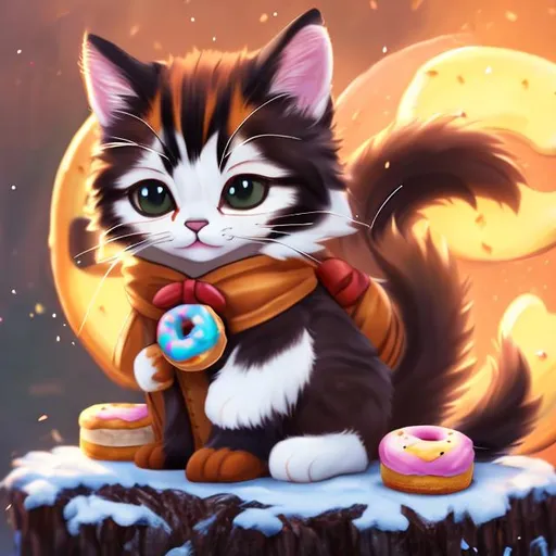 Prompt: a cat with Calico fur holding a donut on horseback cute chibi intense high quality art high quality shading high quality lighting dramatic lighting ultra 4K HD quality 3D art 3D art 3D art