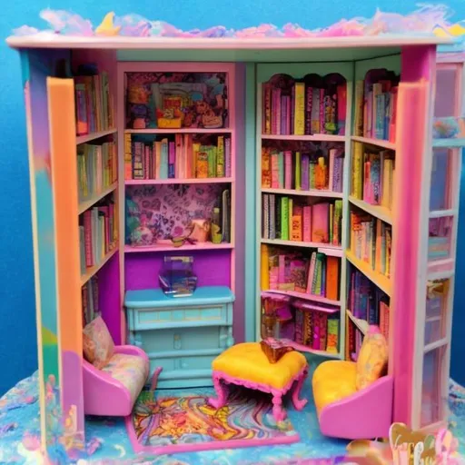 Prompt: Dollhouse library inspired by Lisa frank 