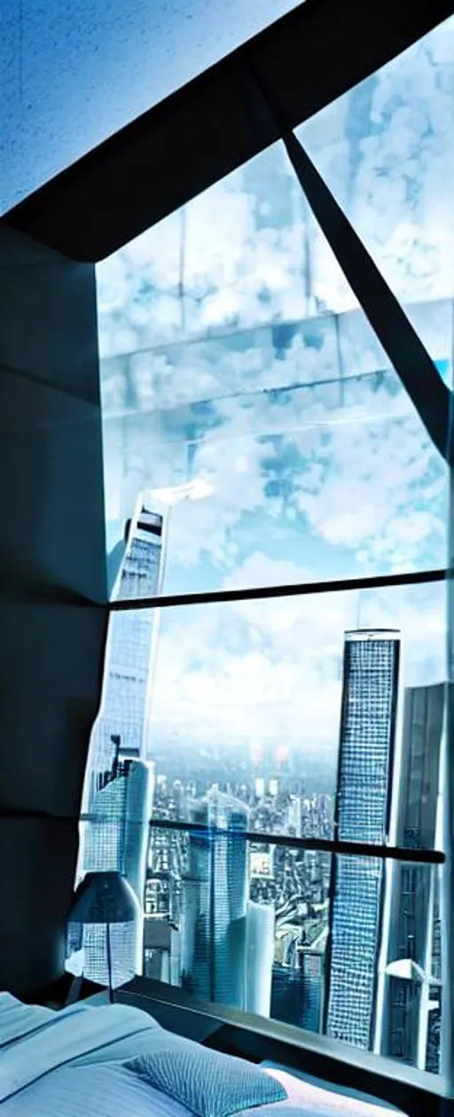 Prompt: Futuristic room with big window overlooking futuristic city
