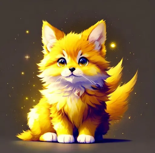 Prompt: Cute, yellow, fluffy, fantasy light puppy, with lighting, yellow eyes, yellow fur, and possessing the element of space and making circles of lighting stripes
 move around in the air in a magical way, in a space background. Perfect features, extremely detailed, realistic. Krenz Cushart + loish +gaston bussiere +craig mullins, j. c. leyendecker +Artgerm.