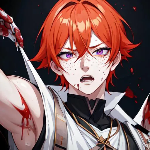 Prompt: Erikku male adult (short ginger hair, freckles, right eye blue left eye purple) UHD, 8K, Highly detailed, insane detail, best quality, high quality, covered in blood, covering his face with his hand, wide eyes, insane, fear, threatening, anime style