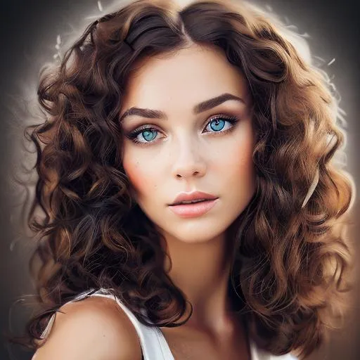 Prompt: A pretty white woman with medium length black curly hair and brown eyes
