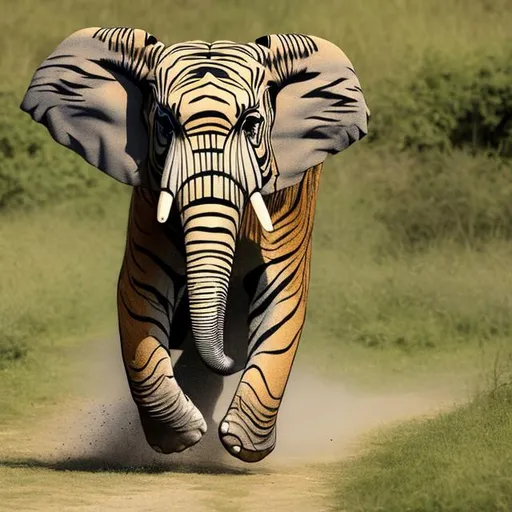 Prompt: A tiger striped elephant is running