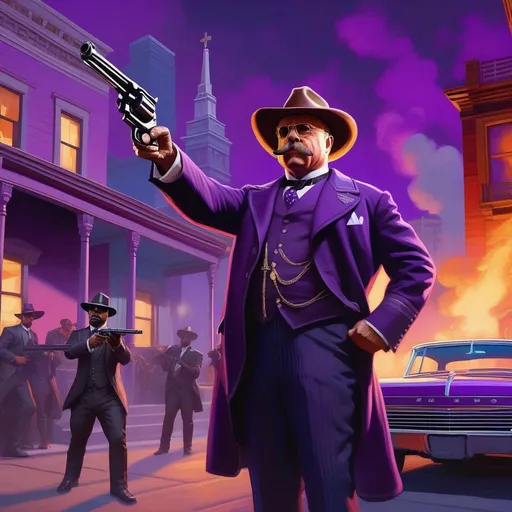 Prompt: Teddy Roosevelt in Saints Row, guns, cartoony, purple atmosphere, extremely detailed painting by Greg Rutkowski and by Henry Justice Ford and by Steve Henderson