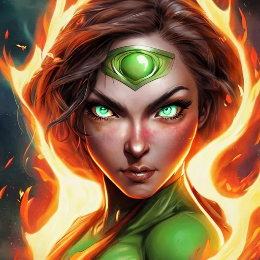 Prompt: Female superhero with green eyes hyper detailed surrounded by fire
