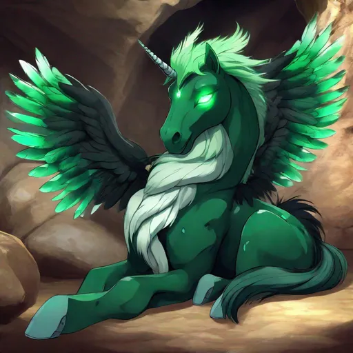 Prompt:  twisted pegasus animatronic hybrid, with focused emerald eyes. They identify as a Male. Emerald colored feathery wings and tail. dark Green ombre mane and tail. UHD, HD, 4K, green haze, green and black coat, anime, lying down in a cave, asleep, resting
