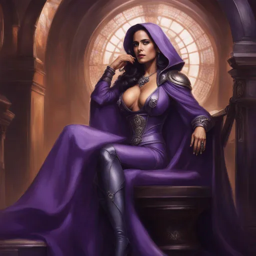 Prompt: Selma Hayek as a genestealer cult leader, (((Bald, Forehead Ridges))), Perfect Arms, Skimpy Outfit, Cleavage Window, Purple Robes, Silver Jewelry, Warhammer 40000, 