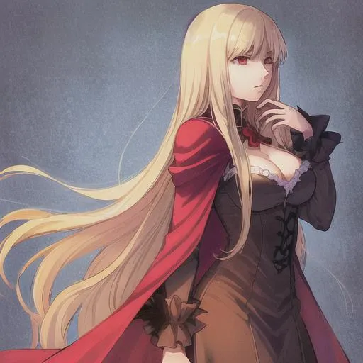 Prompt: alucard female version, long hair, blonde hair, celeste eyes, vampire tunic, 4k, hyper detailed, professional layout, by Frederator Studios, beautiful, natural body, gothic cape, Castlevania room, black outfit