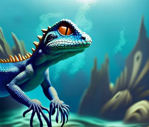 Prompt: Anthro furry lizard swimming underwater