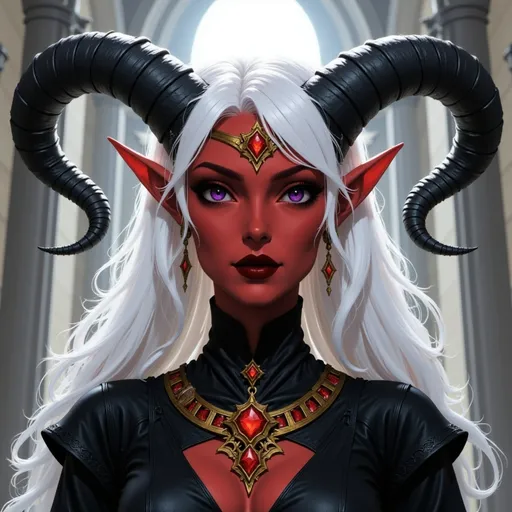 Prompt:  @p2CZMES7VK5y7B1QsEFp white hair, large crown, lots of jewelry, horns curved down, black clothes, castle