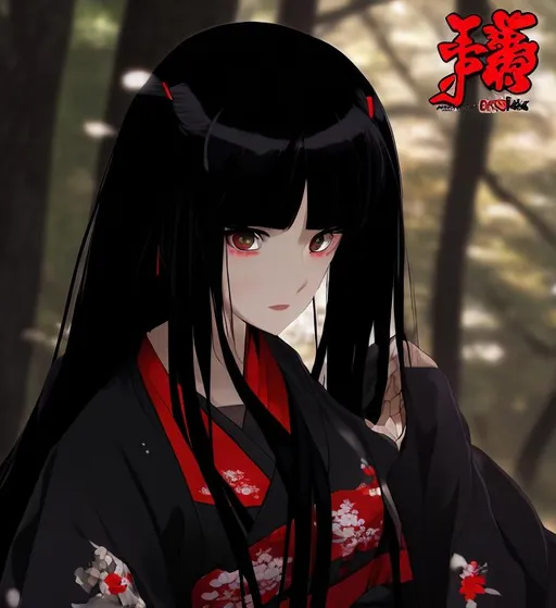 Prompt: anime. Female. long-black-hair. red-eyes. black-kimono. White-skin. Enma-Ai. Hell-girl.
Night. 
Forest-fire. 
Dark colours. 