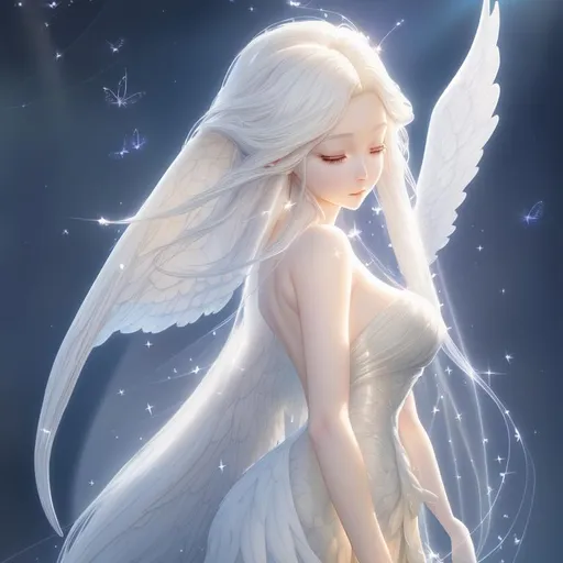 Prompt: bust of a beautiful fallen angel in the style of Disney Pixar and Yoshitaka Amano with a long flowing gown and white hair, sunshine, two clear wings, light beams, sparkle, digital art, smooth lighting, fireflies, stars, backlit