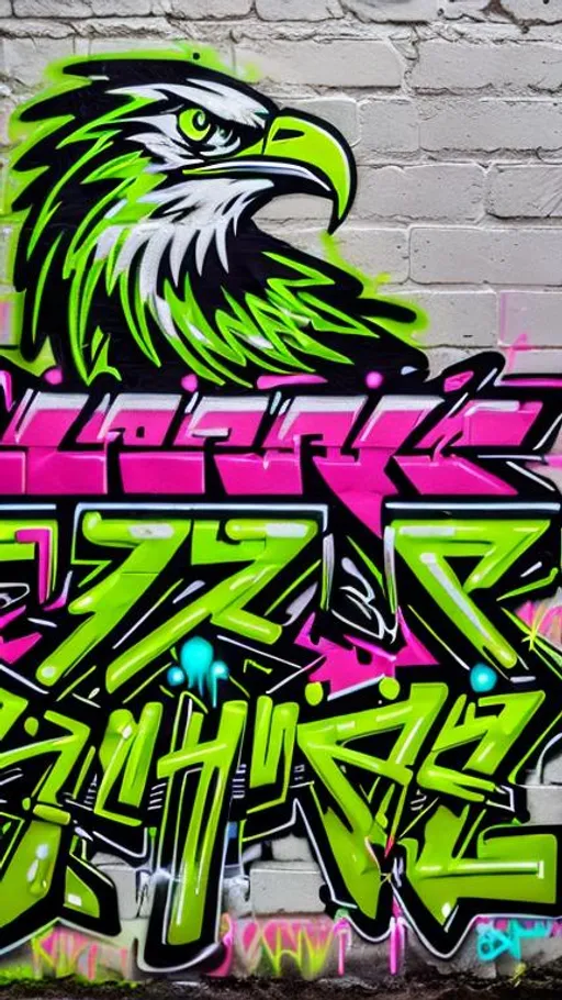 Prompt: cool graffiti with a neon green eagle with green flames and dripping ink with a neon pink background with neon green stripes on a brick wall with eagles on the bottom