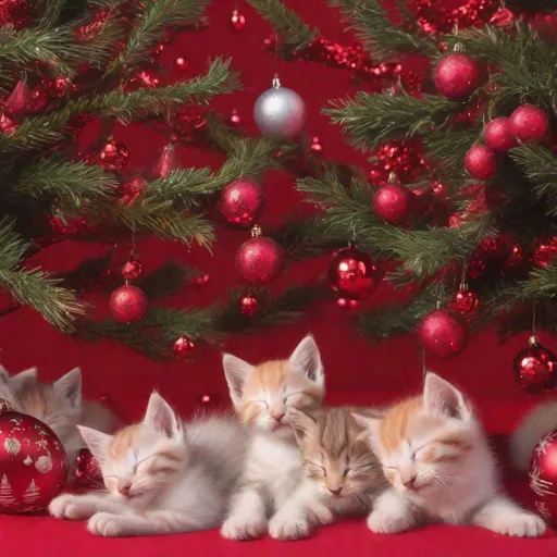 Prompt: kittens sleeping under a red christmas tree
