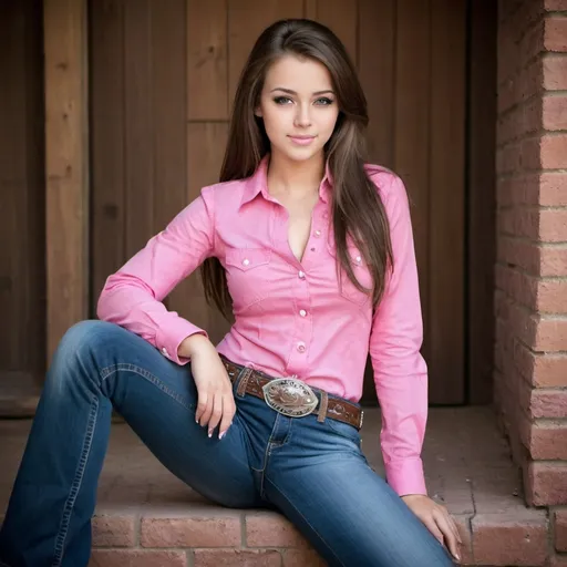 Prompt: Very beautiful  Girl She is wearing a pink shirt. Jeans and cowboy boots