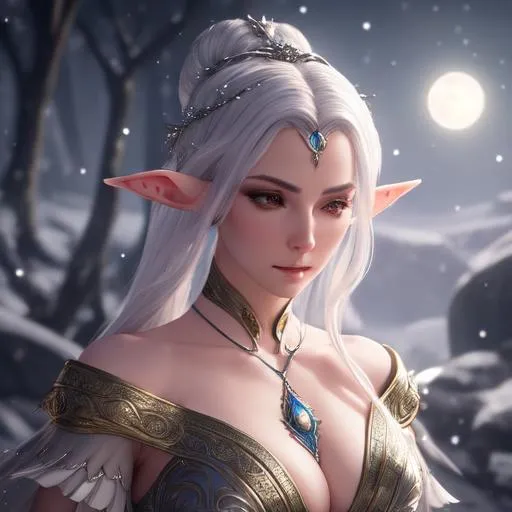 Prompt: Portrait of a Beautiful Female elf with silver hair dancing under the moonlight, fantasy, intricate, elegant, highly detailed, Realistic painting, beautiful photography , smooth, sharp focus, illustration art by Stanley Lau and greg rutkowski,  unreal engine, 4k, 8k, wide angle