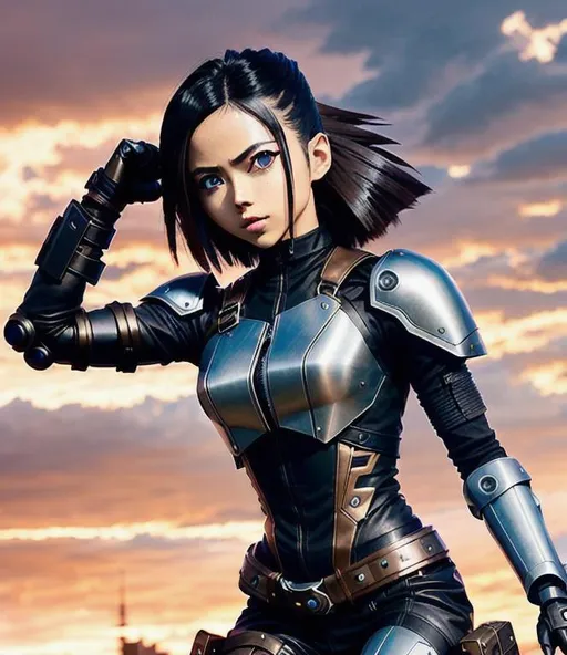 Prompt: Kawaii Hunter-Warrior Alita Posing Audaciously. ((Long Wind-Blown Light-Brown Trench Coat over Black Form-Fitting Leather Outfit)). Wind-Blown Bob-Styled Hair. Dramatic Shadows Accentuating Her Metallic Cyborg Arms. ((64K UHD HDR)), ((Ultra-Realistic Ultra-Detailed))