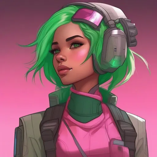 Prompt: A female human scifi fi archeologist. Pink colored skin . Green hairs. Dynamic pose. Star wars art. Rpg art. 2d art. 2d. Well draw face. Detailed. 