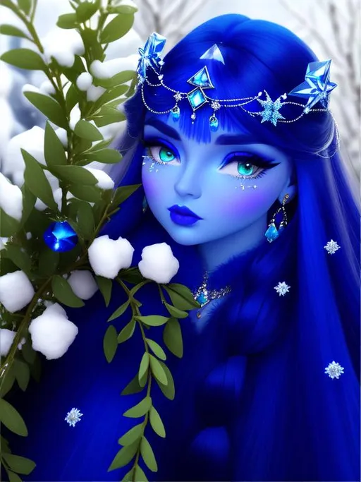 Prompt: GeminiTay, Heavy snow, Giant Blue Orb in Sky, Long Straight Blue hair, Ice crystal tiara with Green Flowers, Thick bushy blue eyebrows, medium sized nose, plump diamond shape face,  Blue lips, ethereal blue eyes, Triangle Star earrings, soft ears, Large blue plastic chain around neck, Blue heart necklaces, Purple candy shaped rings, Large blue fur coat with armor underneath. Scaley gloves. Long Blue Skirt with moons.