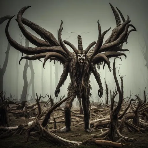 Prompt: A tall monster with big horns made of dead trees in a misty field