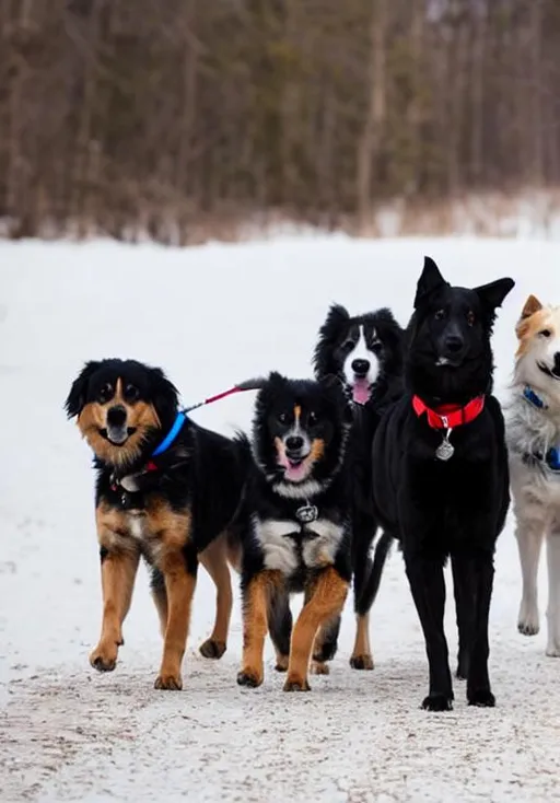 Prompt: Four dogs walking to the left of the picture