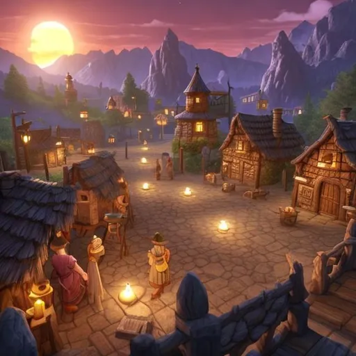 Prompt:  a fantasy town with a little tavern in the center, mid afternoon sunset in the background behind the mountains. The tavern has candles in the window