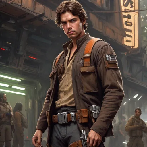 Prompt: Star Wars Character portrait, close up, dlsr, White male, brown hair, in street shirt, unbuttoned street shirt, dark utility jacket with lots of pockets and straps, padded jacket, utility cargo pants, utility belt, cargo pants with buckles and belt, pockets, Sci-fi, belt, Start Wars, futuristic, Star Wars art, high res, detailed, textured, dark color pallet, muted tones, minimal colors, straight lines and angles, belts and buckles and straps. Blaster pistol in hand, holster, high quality digital art, real lighting, Star Wars ascetic, Star Wars Design. 4k, ray tracing, volume lighting, padded jacket, jacket with exterior pockets
