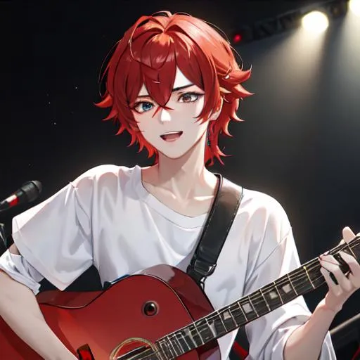 Prompt: Zerif 1male (Red side-swept hair covering his right eye) singing and playing the guitar at a concert, UHD, 8K, highly detailed