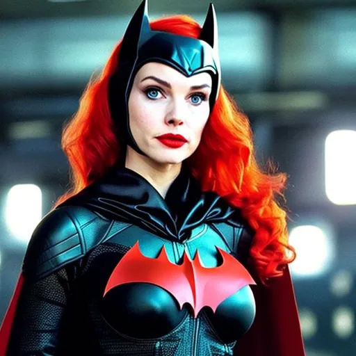 Prompt: Selina Kyle as Batwoman, 70k Hyper realistic, curvy body build, have the batsuit be black with red trim. 