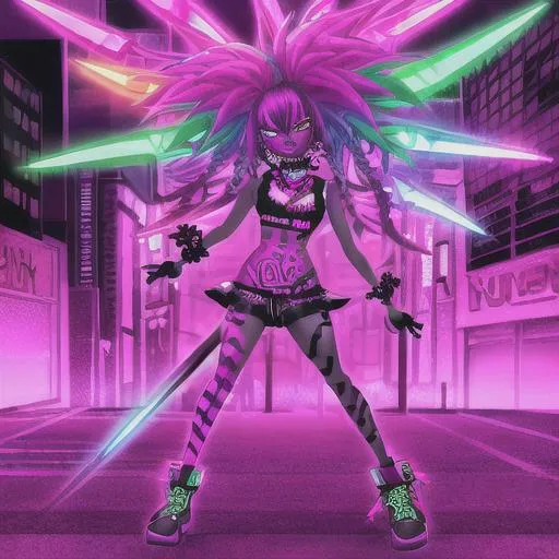 Prompt:  Full body  neon colorful Demon girl with dark skin and colorful neon makeup with purple and neon red Afro hair wearing punk style  colorful neon clothing holding two neon blades in a neon urban themed city