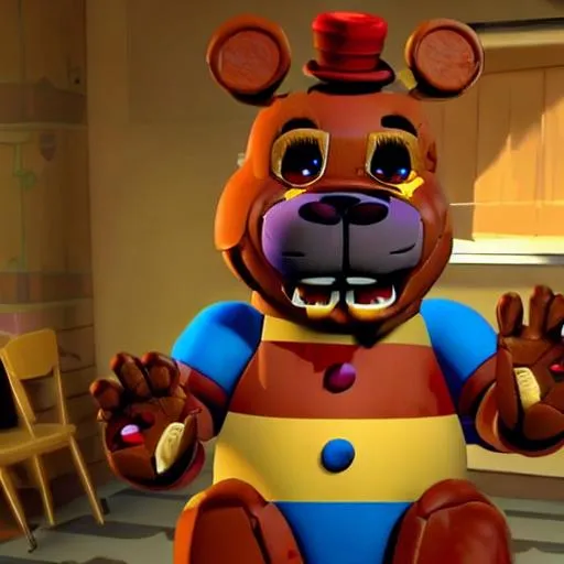 Prompt: Freddy Fazbear from FNAF in a Disney Pixar animated movie, Dreamworks, backlit rim light, fill light, stylized, Freddy Fazbear's pizzeria