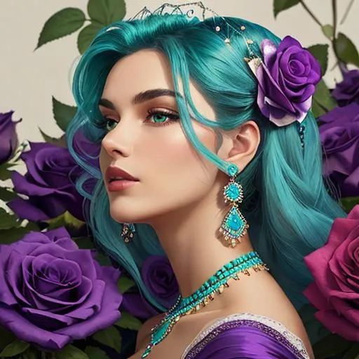 Prompt: woman with turquoise jewels in her hair and purple roses