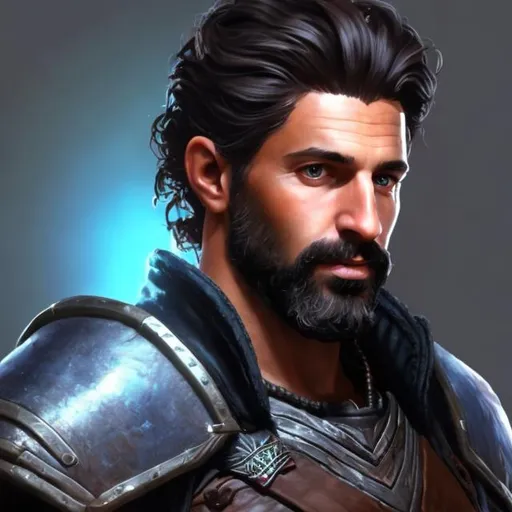 Prompt: realistic painting, fantasy character art, 40-year-old male, dark-skinned, hair is short on sides and longer on top, wavy black hair, short beard, necromancer, black-armor, brown-eyes