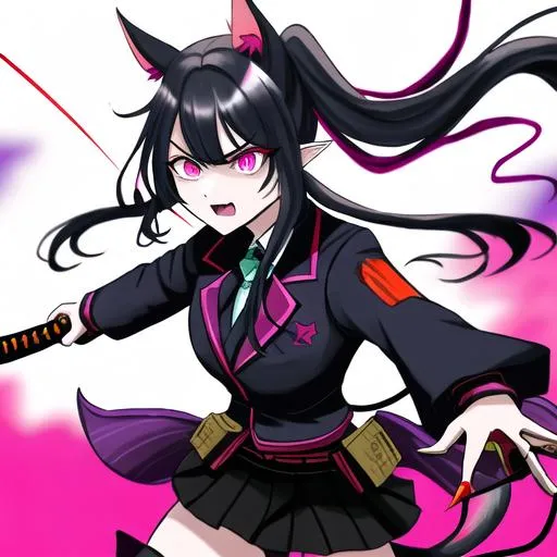 Prompt: Haley  as a demon (multi-color hair) (multi-color eyes)(she has horse ears) holding a katana, fighting, in a gunfight, bullets flying, fighting in a rural area, angry, (demon tail), (demon wings), lunging at the center, flying in the air