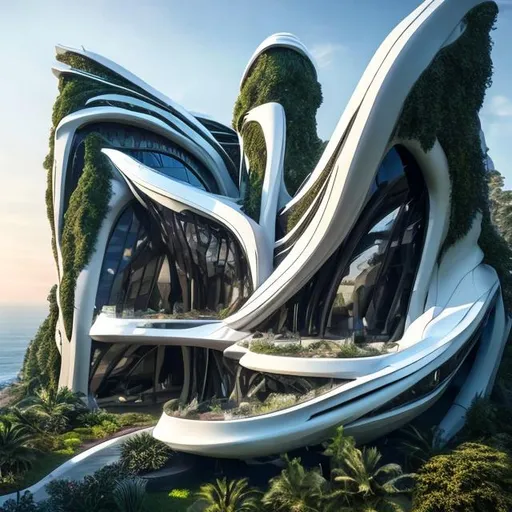 Prompt: Futuristic Home replicating a sitting gothic dragon, a biomorphic design, open concept, lush vertical gardens, detailed architecture, Winding walkways follow contours of the sitting dragon, wings of glass overlook crashing waves below,  at sunset inspired by Zaha Hadid