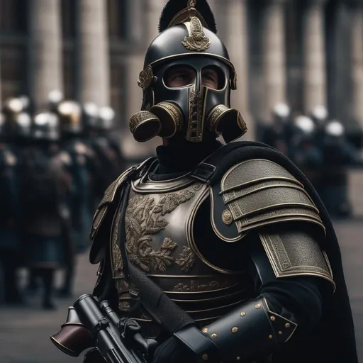 Prompt: A modern roman military male in black military armor galea helmet of roman armor, with a gunfire and gas mask, background Battle in London, UK, Hyperrealistic, sharp focus, Professional, UHD, HDR, 8K, Render, electronic, dramatic, vivid, pressure, stress, nervous vibe, loud, tension, traumatic, dark, cataclysmic, violent, fighting, Epic