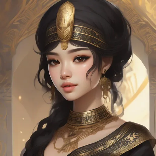 Prompt: pretty young Indonesian woman, (round face, high cheekbones, almond-shaped brown eyes, small delicate nose), wearing black and gold costume, Egyptian art by Pu Hua, trending on cg society, rococo, anime, ornate, fantasy