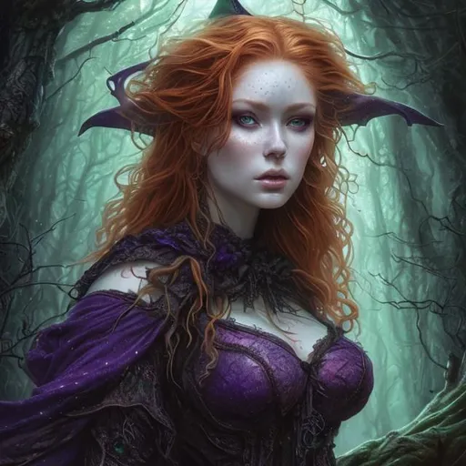 Prompt: Detailed and mystical portrait of a witch with ivory clear skin, redhead hair and deep purple eyes. Gorgeous female body, high detailed, curvy body, she wears rich green dress, night light, forest, dramatic, charming pose, frontal, magical, fantasy, 8k, high detailed, dramatic light