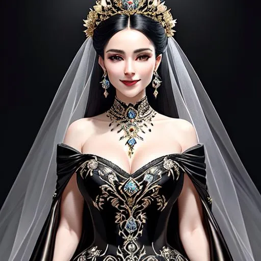 Prompt: Full length portrait, gorgeous 23-year-old woman, in a flowing black silk ballgown, adorned in diamonds, stunning, smiling, clean face, showing in 4k format, intricate work of magical art, almost ethereal, in cgsociety trends, complex, epic, from Ilya Repin, very detailed bright, staged rendering of the character, super high quality model, beautiful face, flowing long locks, slight smirk on her lips, background in style bokeh
