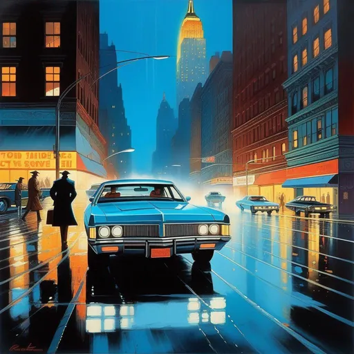 Prompt: 1970s, downtown New York at night, neon, car chase, rain, fog, cold blue atmosphere, cartoony style, extremely detailed painting by Greg Rutkowski and by Henry Justice Ford and by Steve Henderson 


