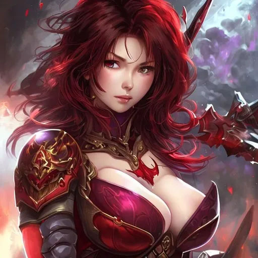 Prompt: busty woman in red dress with short Crimson and black hair and a long spear and purple eyes