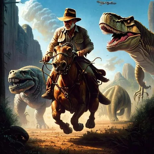 Prompt: ultra realistic illustration, Harrison Ford Indiana Jones being chased by a T-Rex, intricate, highly accurate Harrison Ford face, elegant, highly detailed, digital painting, artstation, concept art, smooth, sharp focus, illustration, art by artgerm and greg rutkowski and drew struzan