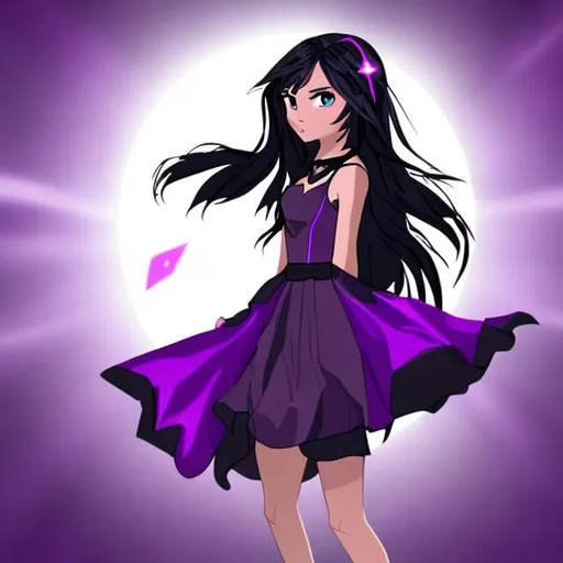 Prompt: a teenage girl in a black and purple dress, with her black long hair down. she's looking all powerful 