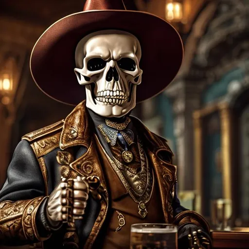Prompt: HD, skeleton, smoking a cigar in his mouth and looking at you, pointing at you, holding beer