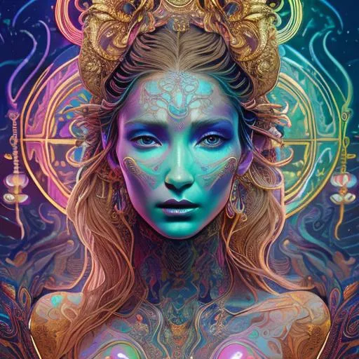 Prompt: Heavenly fantasy goddess, bioluminescent prismatic opaline, colorful tribal tattoos, Illustration, Beautiful, Detailed, Intricate, Painting, Vibrant, Design, Landscape, Cinematic, Photorealistic, 4k, 8k, World, Artstation, Wlop, Cyberpunk, Magical, golden hour, Closeup face portrait of Bella Hadid, smooth soft skin, big eyes, beautiful intricate colored hair, symmetrical, anime wide eyes, concept art, digital painting, looking into camera 