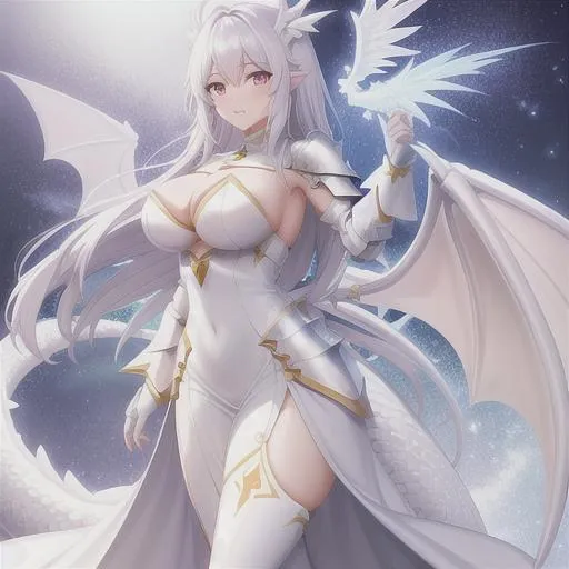 Prompt: White dragon knight, large wings, large dragon tail, long dress, armor, woman