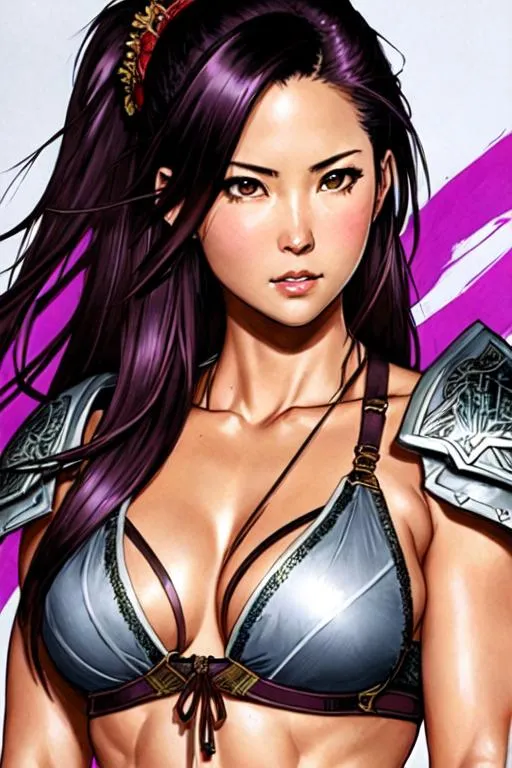 Prompt: King of Fighers Art (((Yoji Shinkawa))), sticker of ultra detailed portrait of Olivia Munn in detailed purple heavy samurai armor, high quality cell shaded illustration in post apocalyptic style by Yoji Shinkawa, ((full body)), dynamic pose, perfect anatomy, centered, freedom, soul, black long hair,tan skin approach to perfection, cell shading, 4k , cinematic dramatic atmosphere, watercolor painting, global illumination, detailed and intricate environment, artstation, concept art, fluid and sharp focus, volumetric lighting, cinematic lighting, Art by Ilya Kuvshinov
