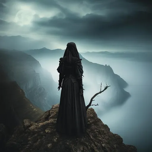 Prompt: Eerie medieval woman standing on a dark cliff